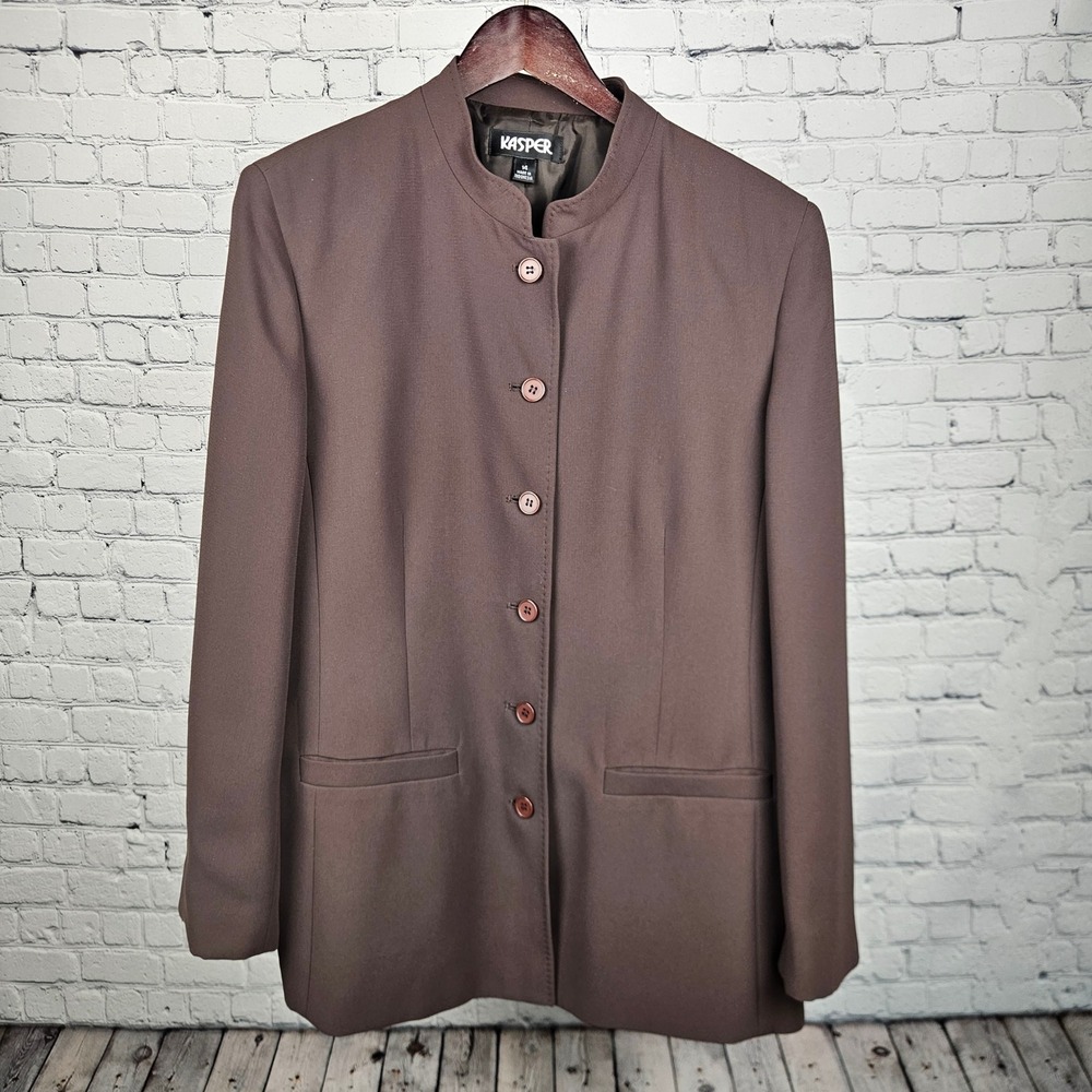 Kasper Womens Brown Mandarin Collar Button Front Blazer Jacket Size 14 RN 50510